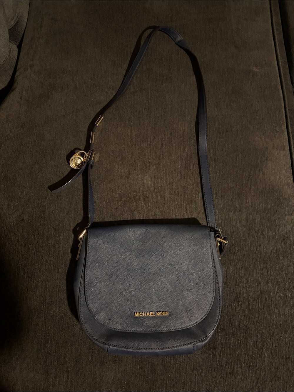 Michael Kors Navy Crossbody Saddle Purse with Gold Hardware